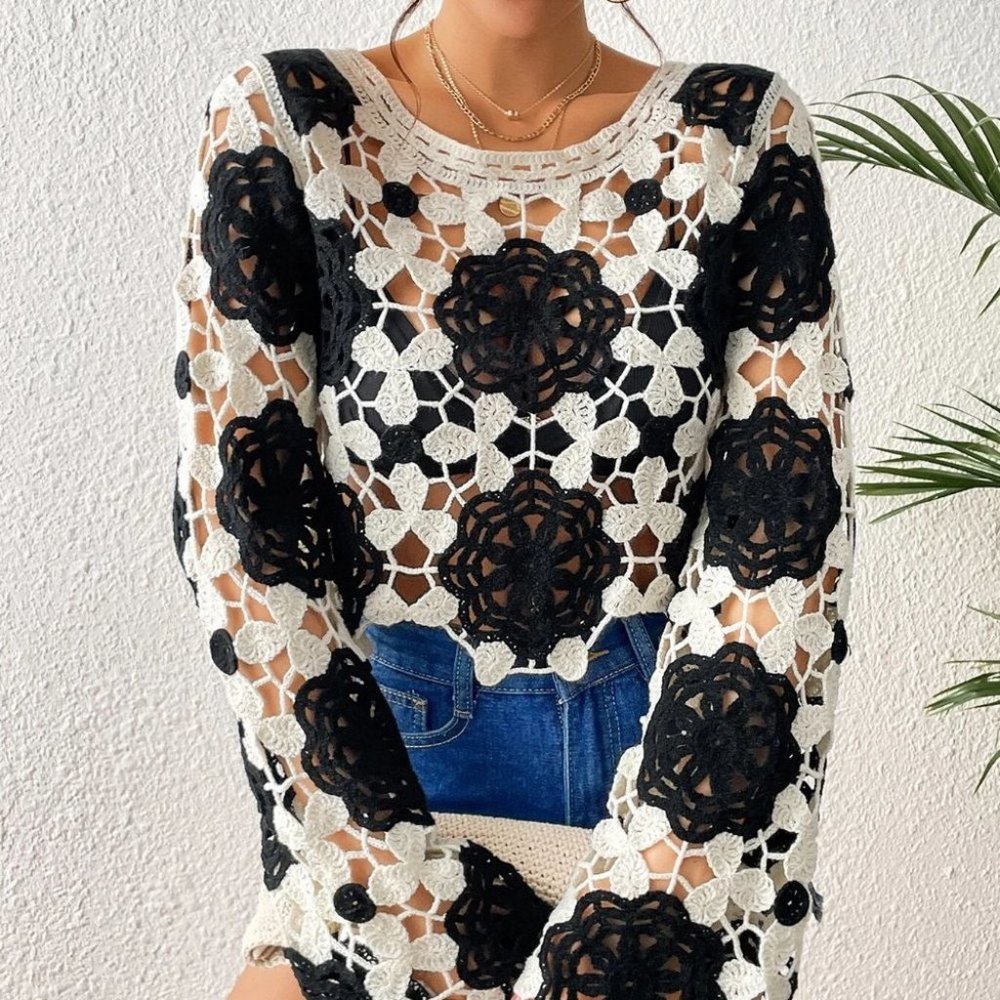 Boho Colorblock Scallop Trim Hollow Out Cover Up - Picture 3 of 5